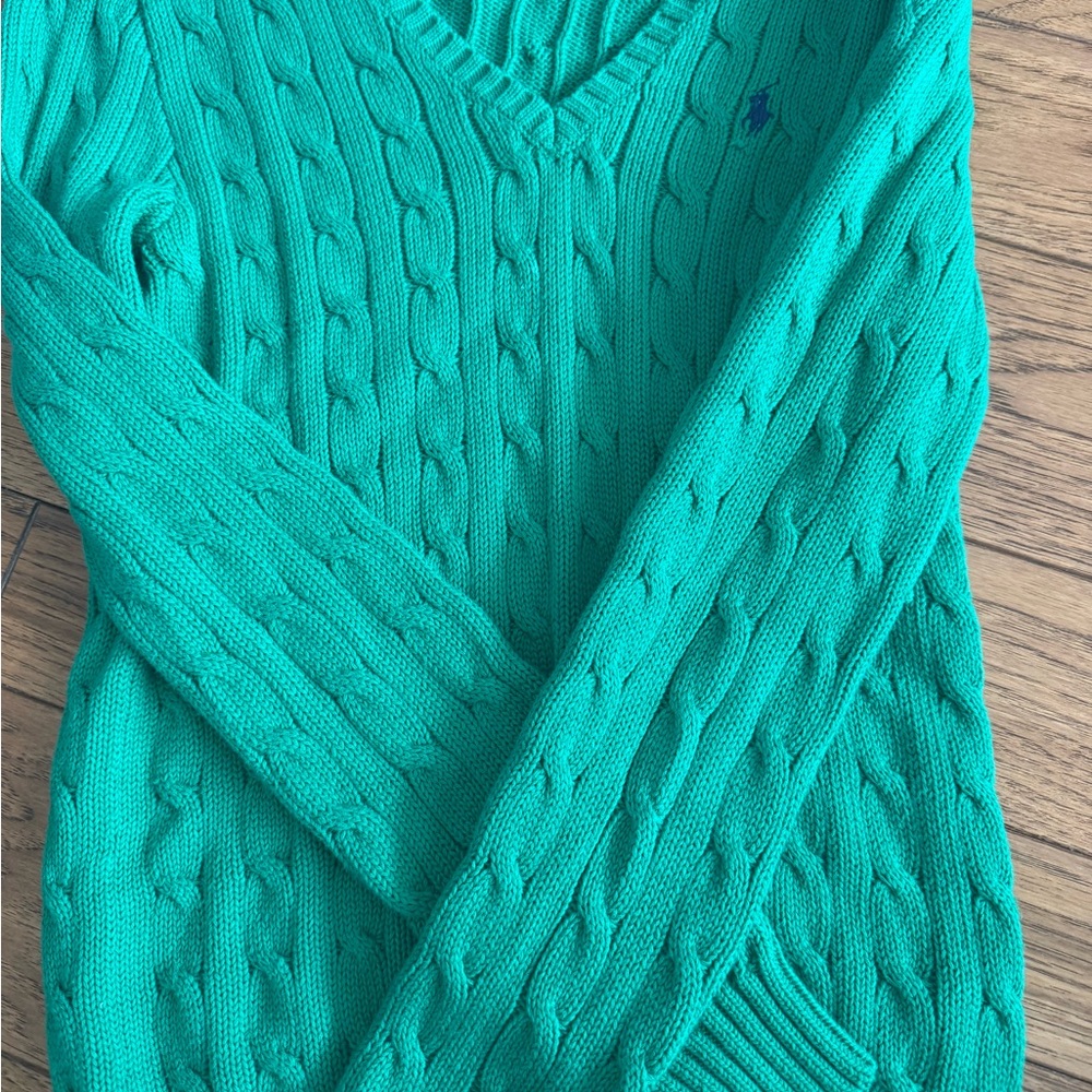 Ralph Lauren Green Cable Knit V-Neck Sweater